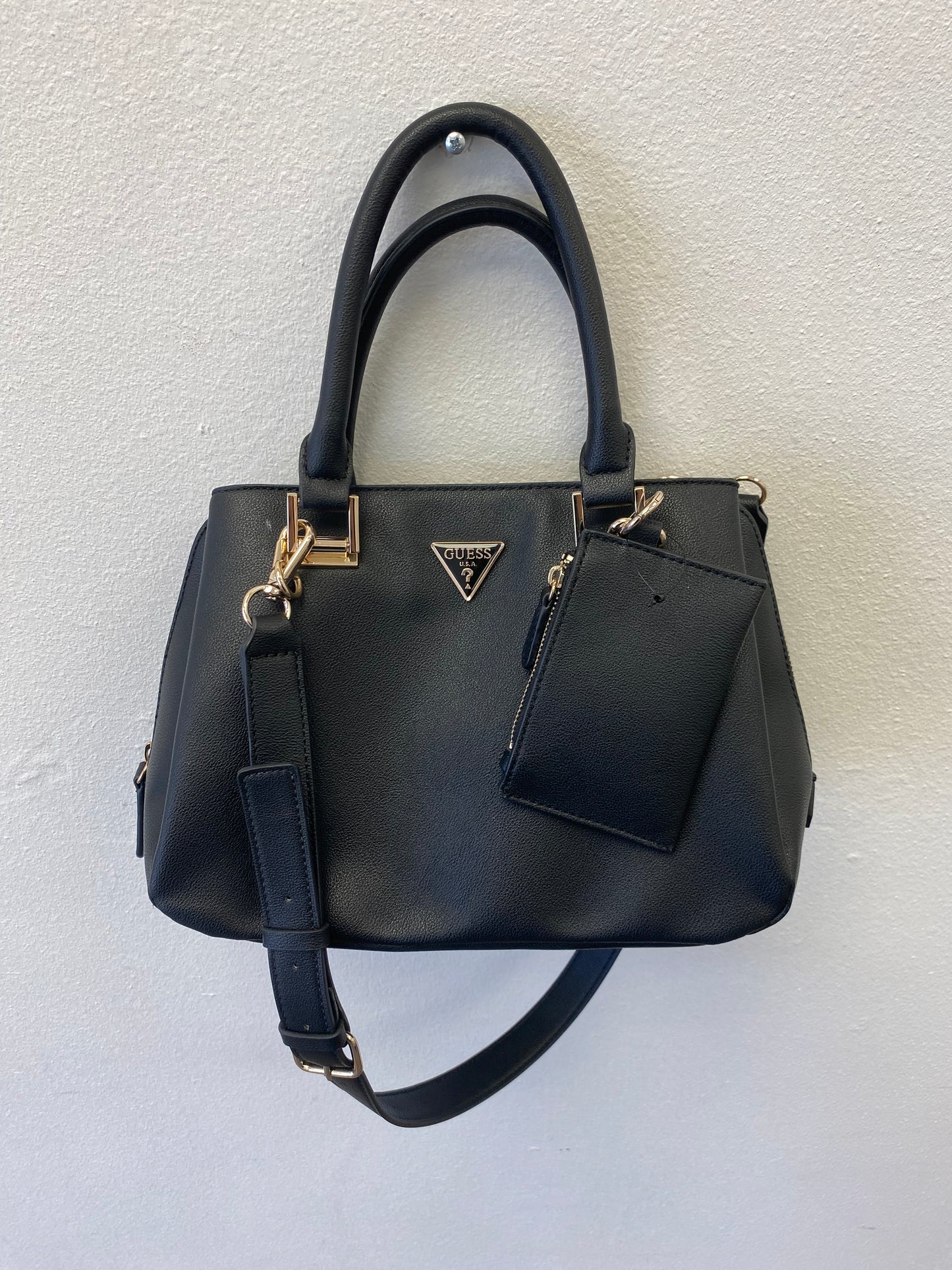 Guess Micaela Girlfriend Satchel Shoulder Bag Black Gold Trim