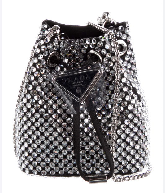 PRADA Satin Crystal Metal Triangle Logo Mini Drawcord Pouch Shoulder Bag Cristal