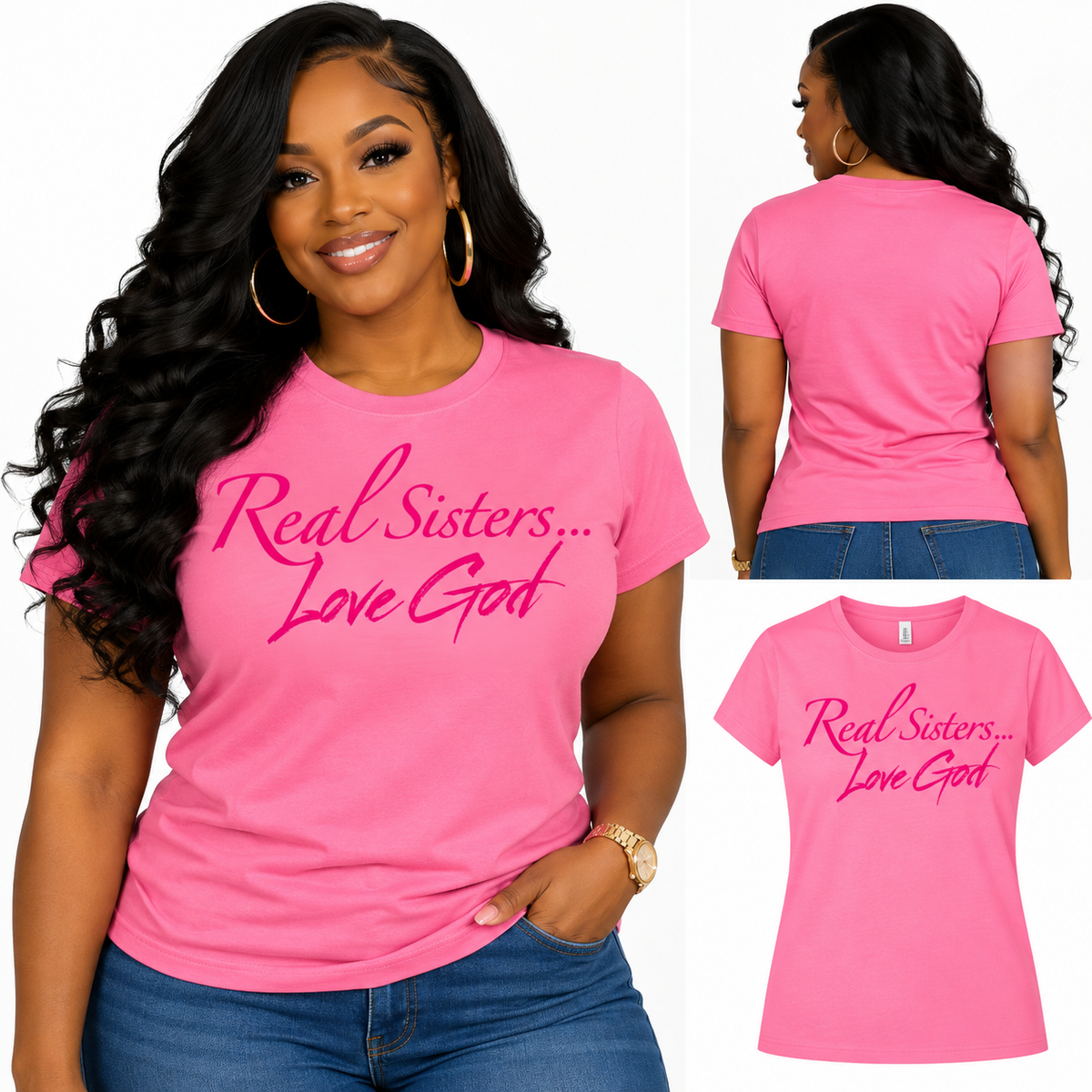 Azalea Real Sisters shirt modeled with pink lettering