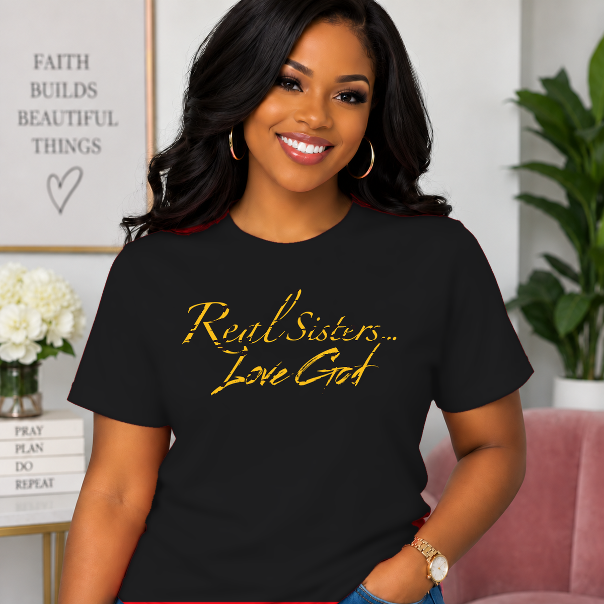 Model wearing Black Real Sisters Love God T-shirt with Tiger Print lettering, crisp original logo