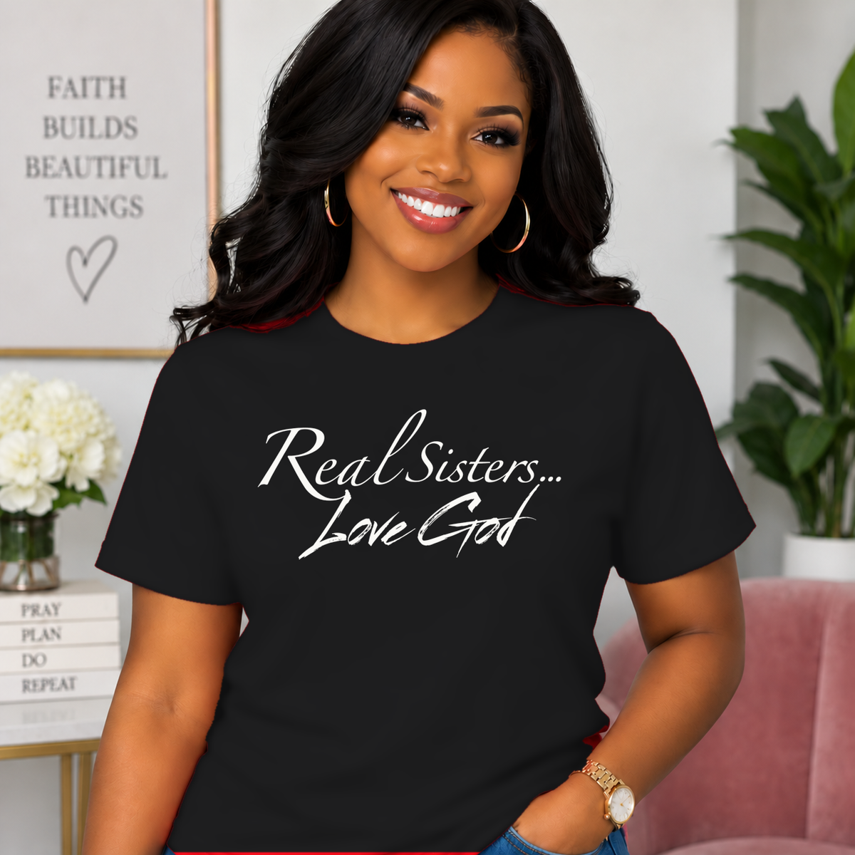 Model wearing Black Real Sisters Love God T-shirt with White lettering, crisp original logo