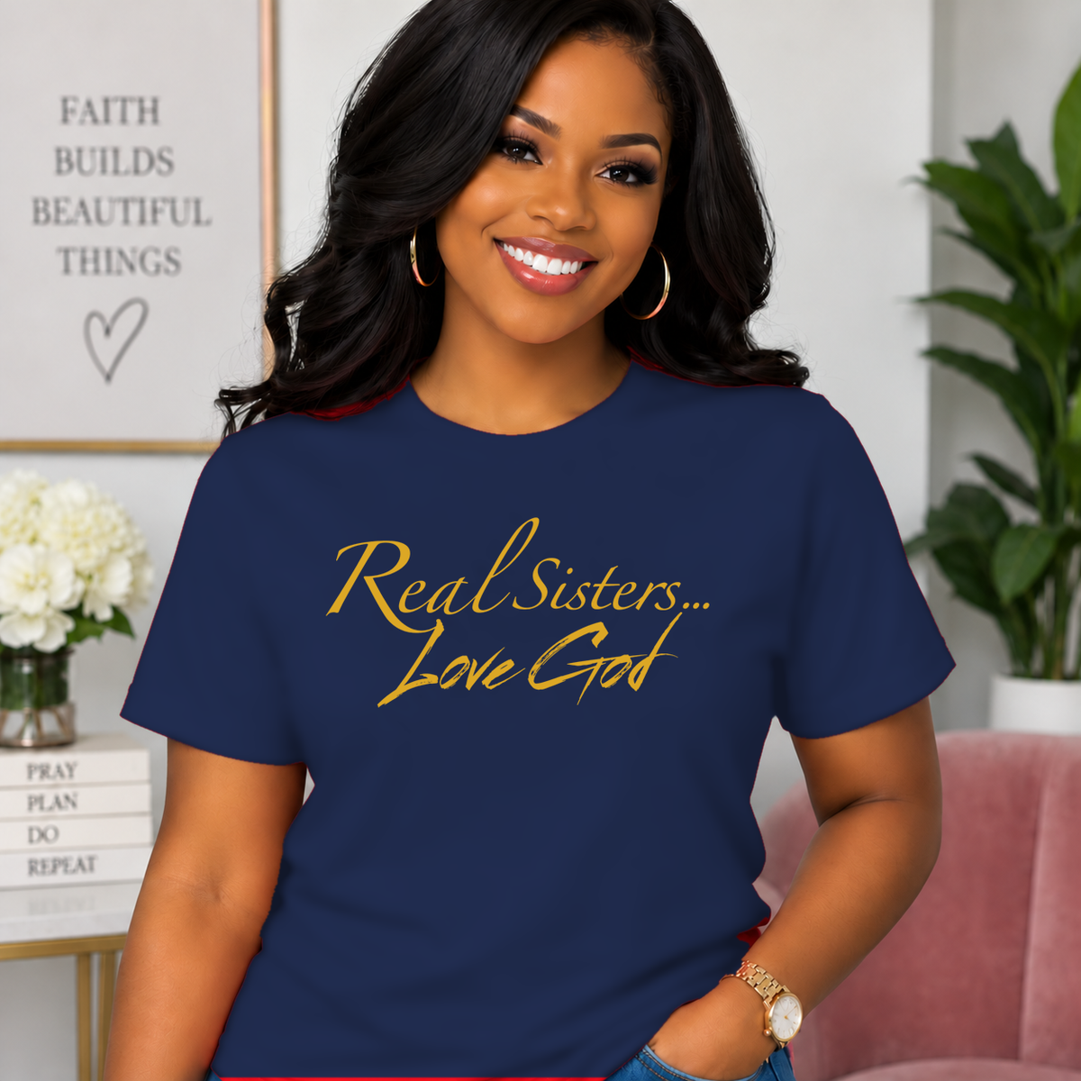 Model wearing Navy Real Sisters Love God T-shirt with Gold lettering, crisp original logo