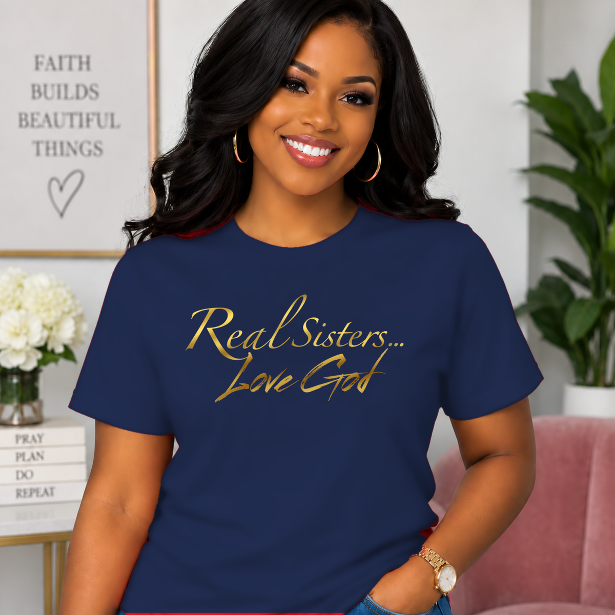 Model wearing Navy Real Sisters Love God T-shirt with Metallic Gold lettering, crisp original logo
