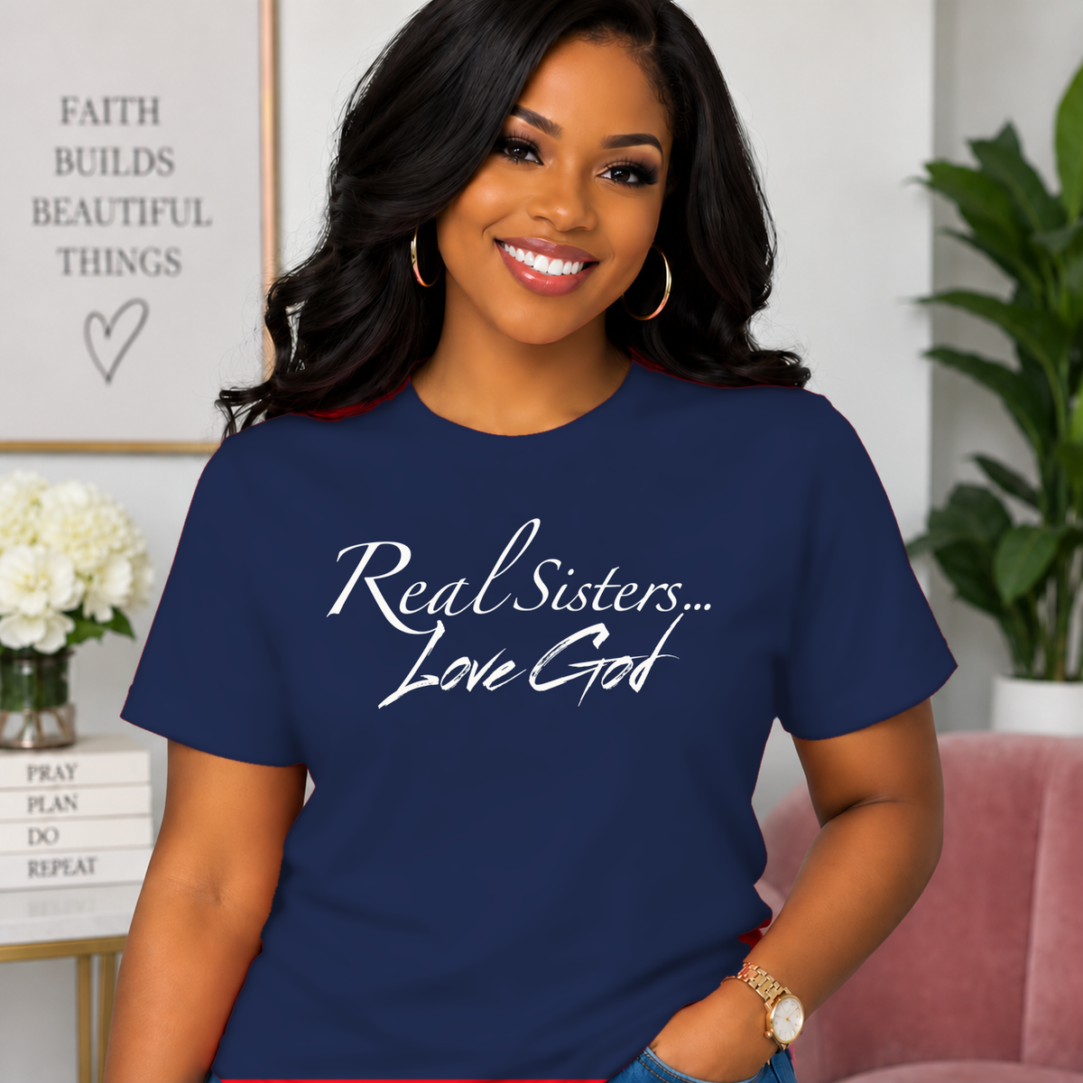 Model wearing Navy Real Sisters Love God T-shirt with White lettering, crisp original logo