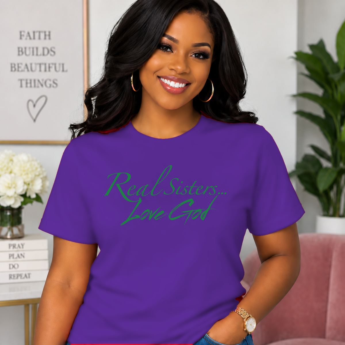 Model wearing Purple Real Sisters Love God T-shirt with Green lettering, crisp original logo