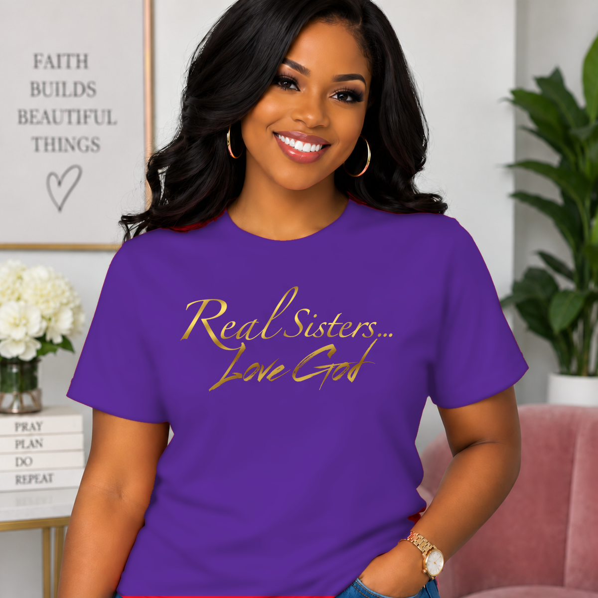 Model wearing Purple Real Sisters Love God T-shirt with Metallic Gold lettering, crisp original logo