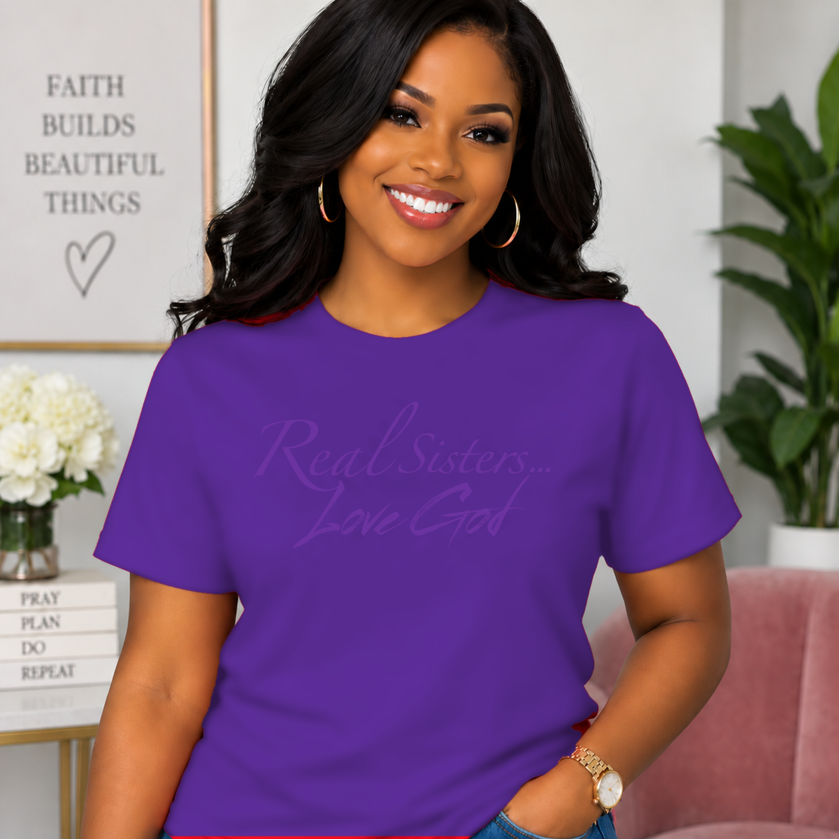 Model wearing Purple Real Sisters Love God T-shirt with Purple lettering, crisp original logo
