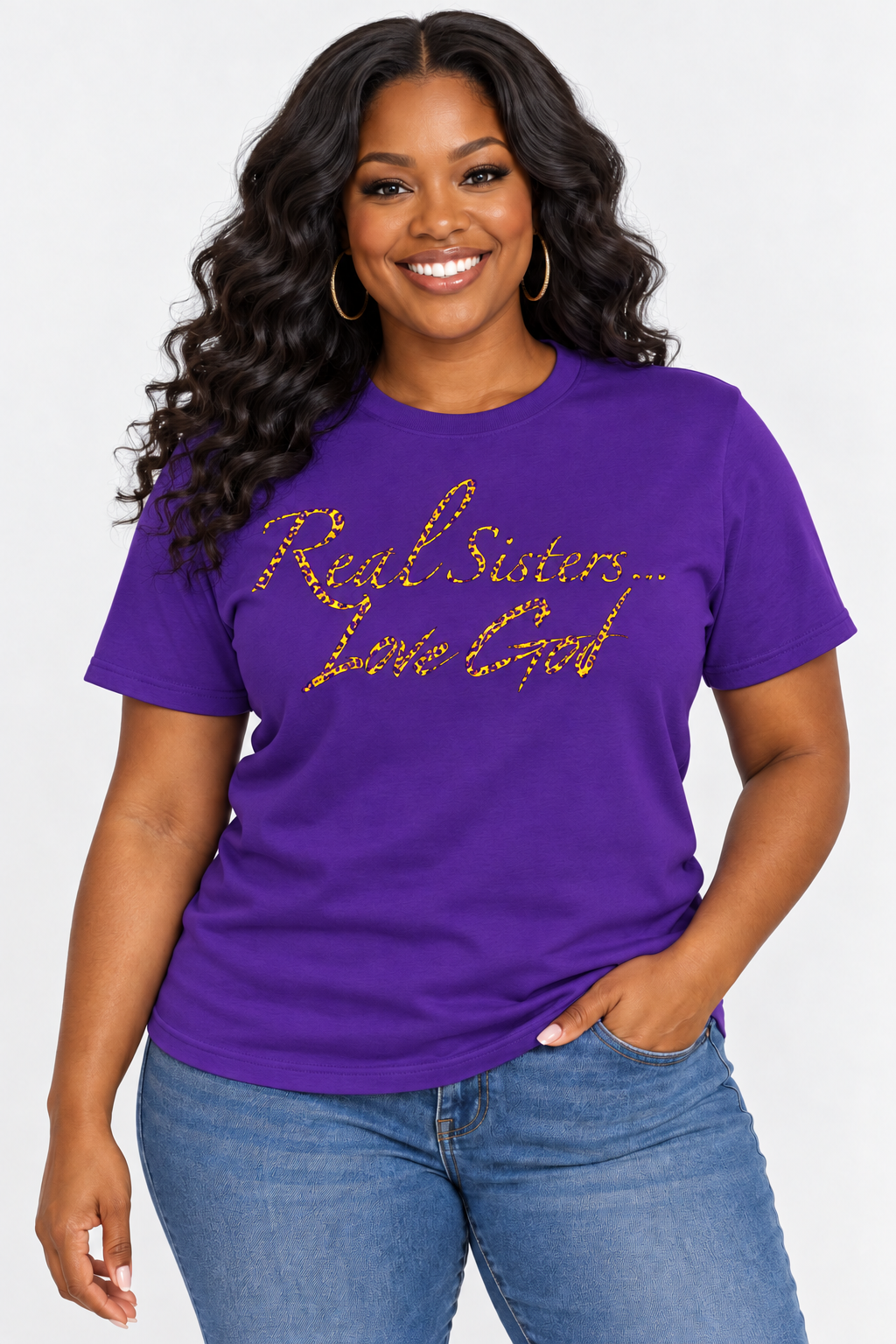 Model wearing Purple Real Sisters Love God T-shirt with LSU purple and gold animal print
