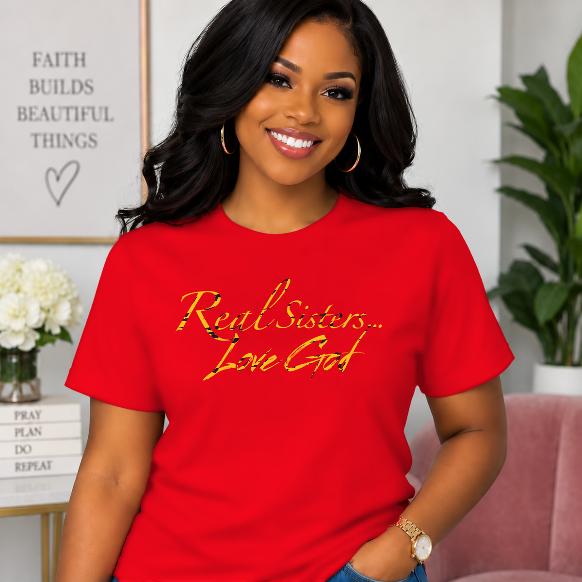 Model wearing Red Real Sisters Love God T-shirt with Tiger Print lettering, crisp original logo