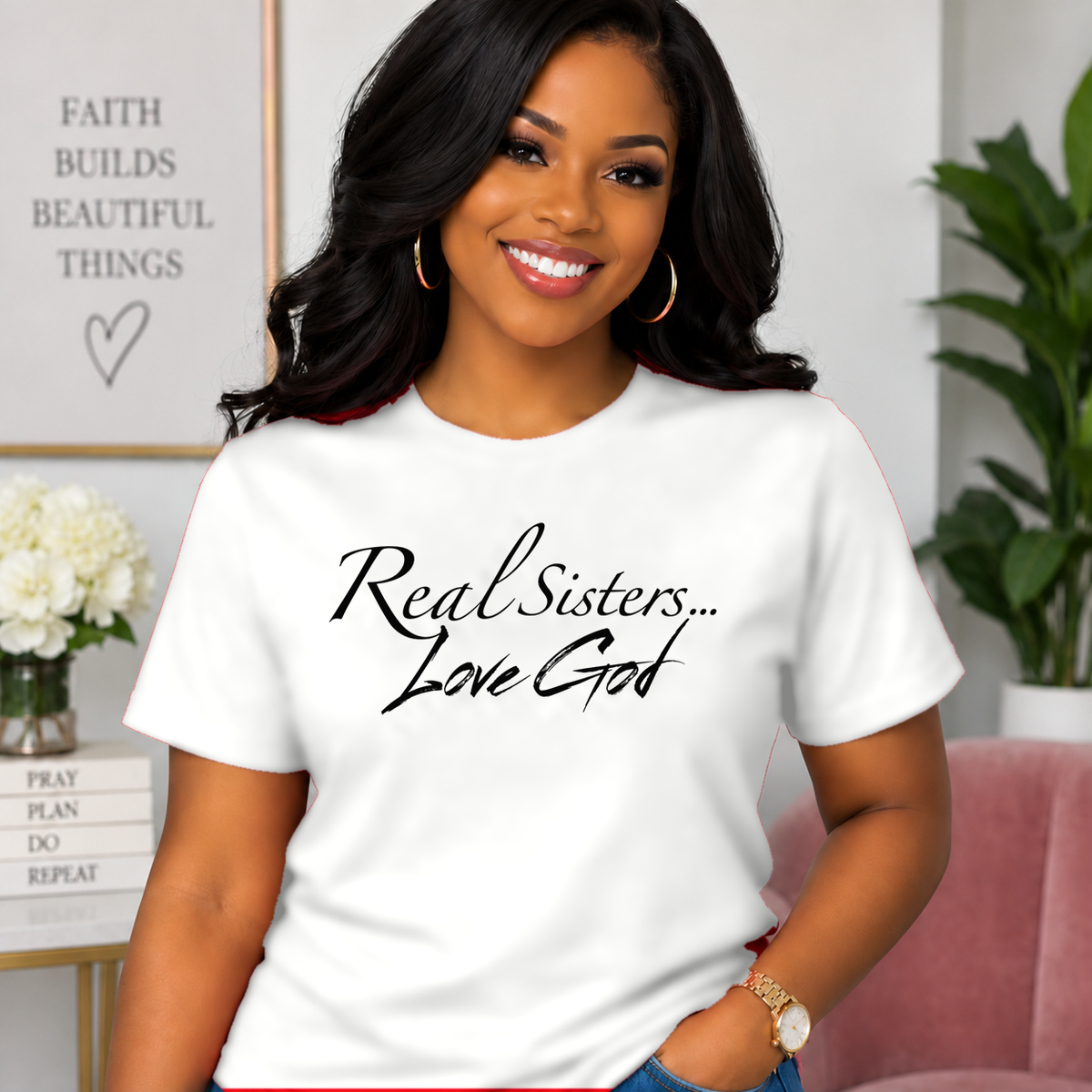 Model wearing White Real Sisters Love God T-shirt with Black lettering, crisp original logo