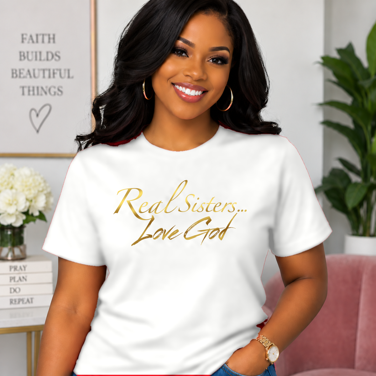 Model wearing White Real Sisters Love God T-shirt with Metallic Gold lettering, crisp original logo