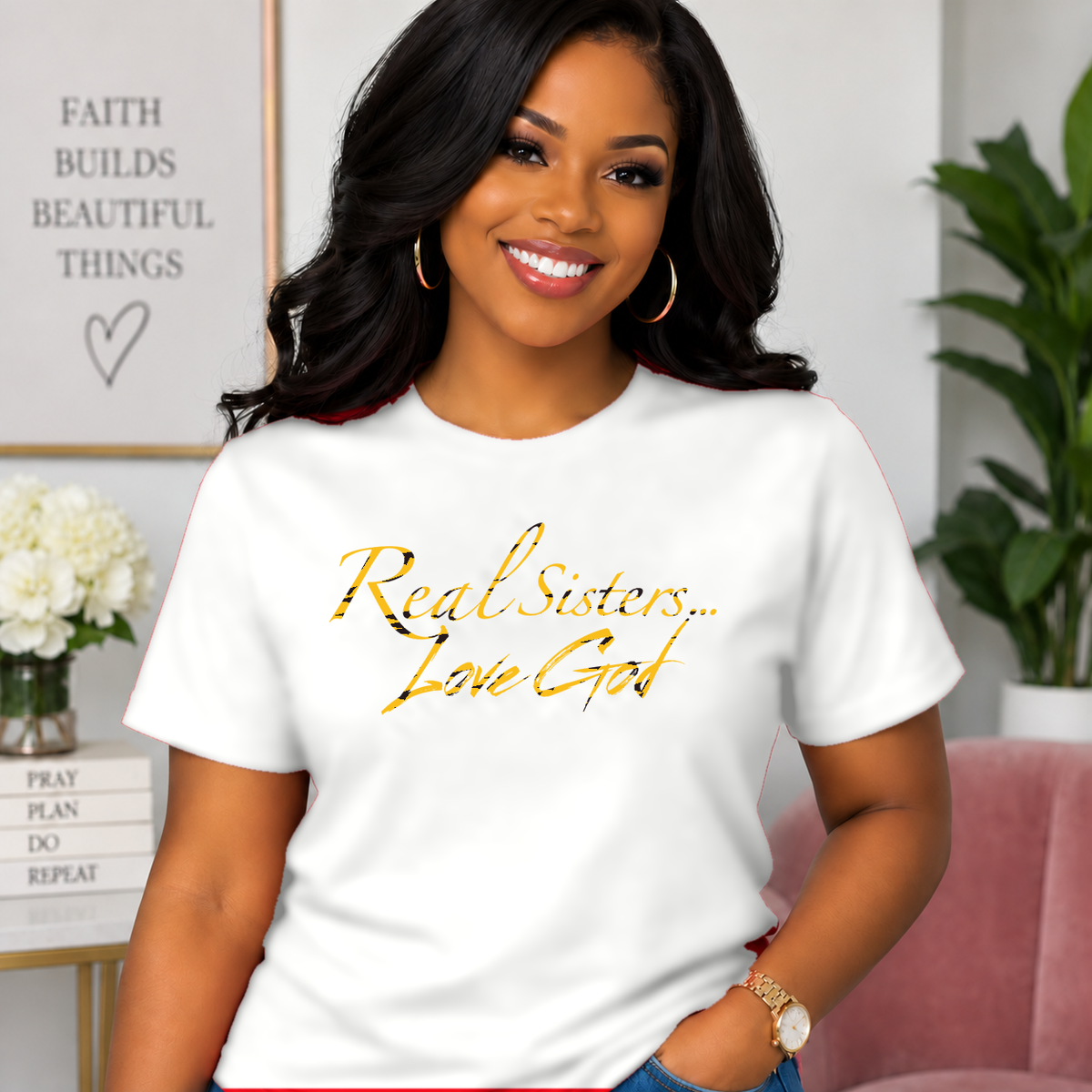 Model wearing White Real Sisters Love God T-shirt with Tiger Print lettering, crisp original logo