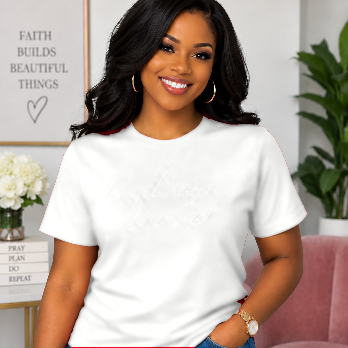 Model wearing White Real Sisters Love God T-shirt with White lettering, crisp original logo